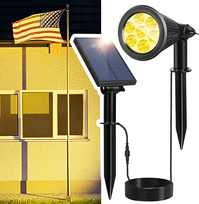 Spotlights Outdoor Solar for Flag Pole, Bright 7-LED Solar Spot Light with Separate Panel Waterproof, Dusk-to-Dawn Flagpole Light, Adjustable Landscape Ground Wall Lighting for Yard Garden(Warm White) SFSUNFUNY