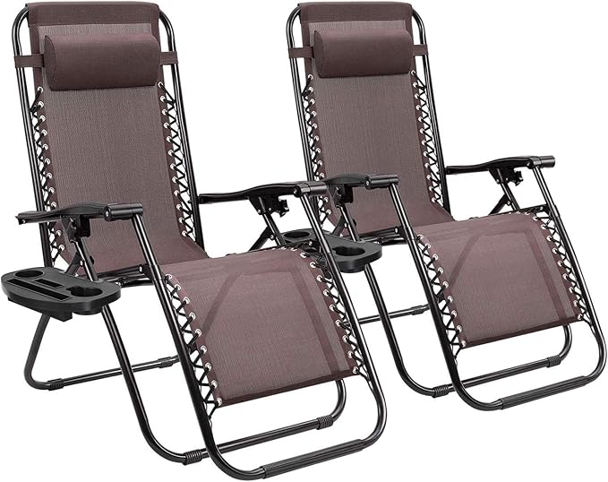 Homall Zero Gravity Patio Folding Lawn Chairs Outdoor Gravity Camp Reclining Lounge Chair with Pillows for Poolside Backyard and Beach Set of 2 (Brown) Homall