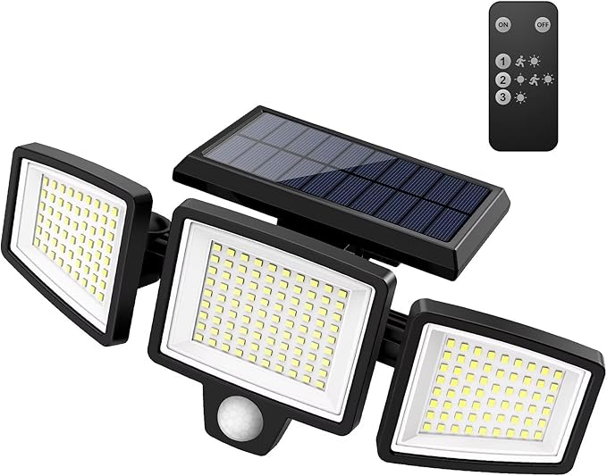 Tuffenough Solar Outdoor Lights 2500LM 210 LED Security Lights with Remote Control,3 Heads Motion Sensor Lights, IP65 Waterproof,270° Wide Angle Flood Wall Lights with 3 Modes(1 Packs) SolarOutdoorLights