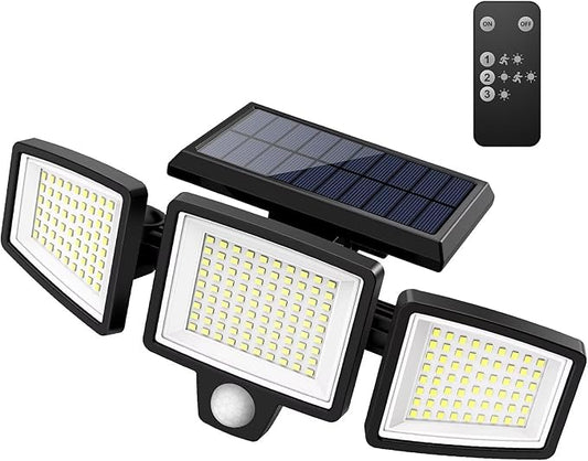 Tuffenough Solar Outdoor Lights 2500LM 210 LED Security Lights with Remote Control,3 Heads Motion Sensor Lights, IP65 Waterproof,270° Wide Angle Flood Wall Lights with 3 Modes(1 Packs) SolarOutdoorLights