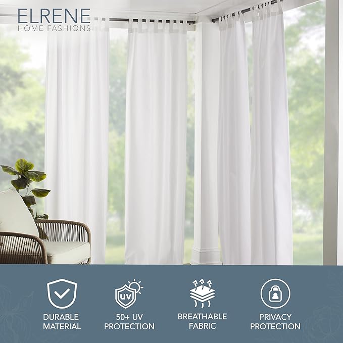 Elrene Home Fashions Matine Weatherproof Tab-Top Indoor/Outdoor Solid Color Curtain Panel for Porch, Pergola, Patio, Deck, 52”W x 84”L, White ElreneHomeFashions