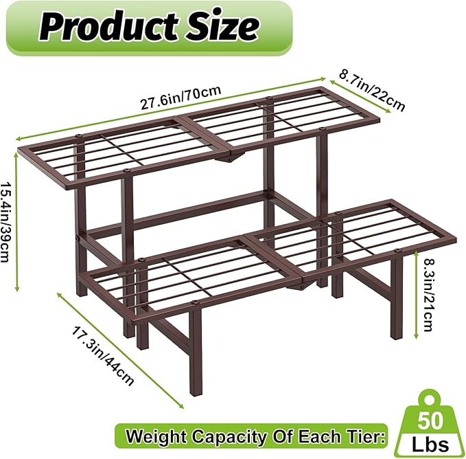 2 Tier Plant Stand Indoor Outdoor, Foldable Metal Separated Ladder Plant Stands, Plant Shelf Multiple Flower Pot Holder Display Shelving for Garden Living Room Patio,Brown JSYONII