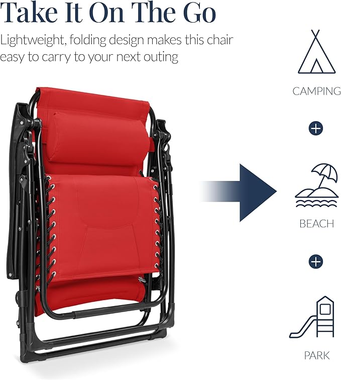Best Choice Products Oversized Padded Zero Gravity Chair, Folding Outdoor Patio Recliner, XL Anti Gravity Lounger for Backyard w/Headrest, Cup Holder, Side Tray, Polyester Mesh - Crimson Red BestChoiceProducts