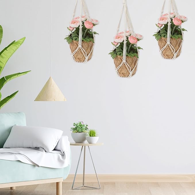 2 PCS Macrame Plant Hanger Indoor Hanging Plant Holder Hand-Woven Cotton Rope Flower Pot Basket with Metal Hook Rings Window Plant Hanger for Outdoor Hanging Pots Home Boho Decor, No Tassels, 23.6" Sliverdew