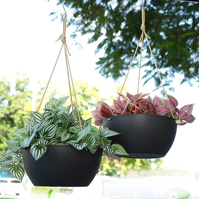 13 Inch 2 Pack Large Hanging Planters for Indoor Outdoor Plants, Plastic Hanging Basket Pots for House Plants Flowers, Black SwinDuck