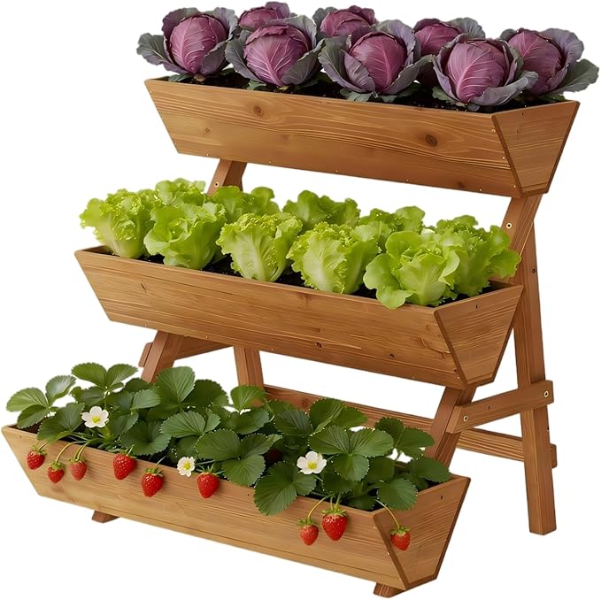 3-Tiers Wooden Raised Garden Bed Tiered Planter Box Flower Pots Vertical Garden Planter Wood Plant Stand for Vegetables Flowers Herbs for Patio, Balcony, Freestanding (Brown L) Dawnyard