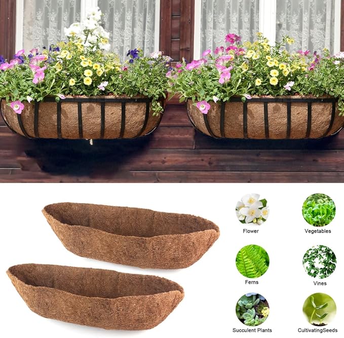 2 Pack Trough Coco Liner Fiber Replacement for Planters, 24/30/36/48 inch Half Moon Coconut Coir Planter for Window Box/Hanging Garden Vegetables Pot, Fence Flower Baskets EROCK