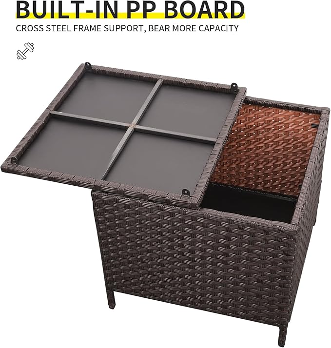Outdoor Wicker Storage Side Table, Patio Brown PE Rattan End Table with Storage, Square Container for Furniture Covers, Toys, and Gardening Tools Lvidenoutdoor