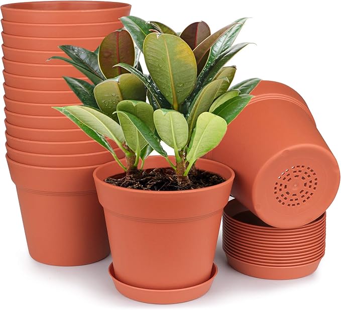 homenote Pots for Plants, 15 Pack 6 Inch Plastic Planters with Multiple Drainage Holes and Tray - Plant Pots for All Home Garden Flowers Succulents HOMENOTE