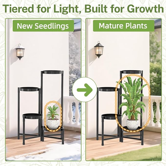 iDavosic.ly Plant Stand Indoor Outdoor, 4 Tier Corner Metal Flower Display Holder Shelf, Easy Assembly Folding Tall Orchid Rack for Patio Balcony Porch Garden Living Room House, Black iDavosicly