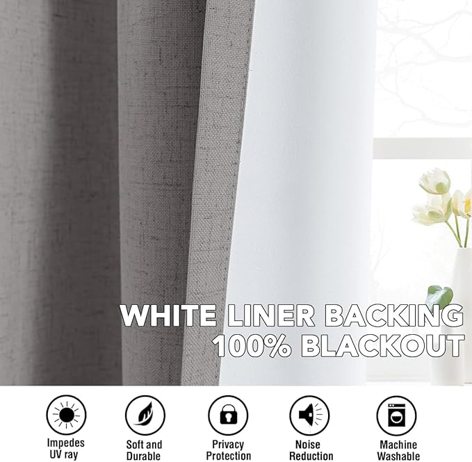 H.VERSAILTEX Linen Curtains 100% Blackout Curtains for Bedroom 63 inch Long Full Light Blocking Nature Linen Blended Window Curtains for Living Room Nickel Grommet (2 Panels, Heathered Dove) HVERSAILTEX