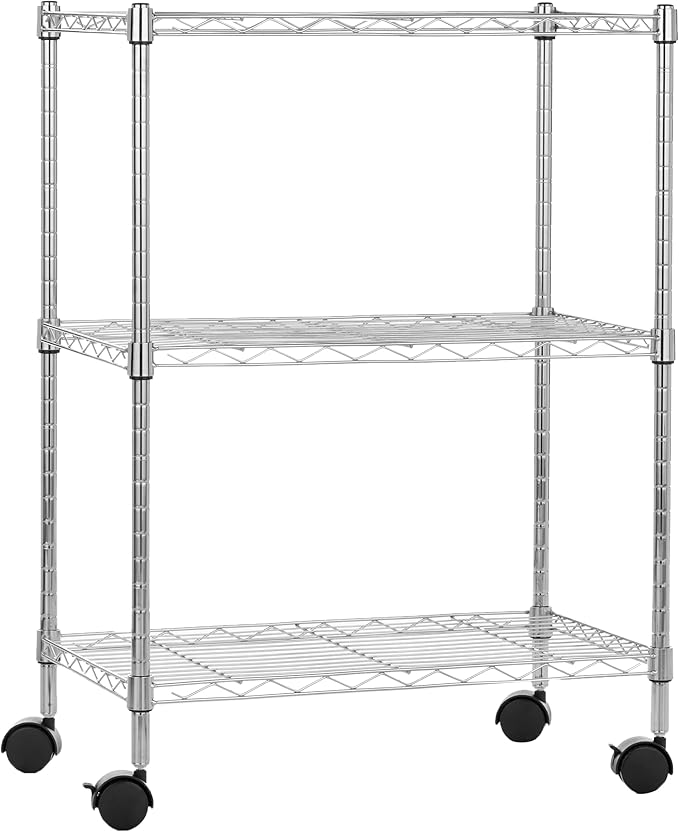Amazon Basics 3-Shelf Heavy Duty Adjustable Wire Shelving Storage Rack on 2" PP Plastic Wheel Casters, Steel Utility Shelving Unit for Garage and Laundry Room, 23.2" x 13.4" x 32.75", Chrome AmazonBasics