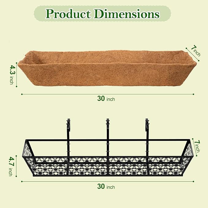 SPECILITE 30" Window Boxes Planters, Heavy Duty Metal Railing Planter Boxes, Adjustable Balcony Planters for Railing Hanging, with Coco Liner & Tool Set for Deck, Porch, and Patio Gardening (2 Pack) SPECILITE
