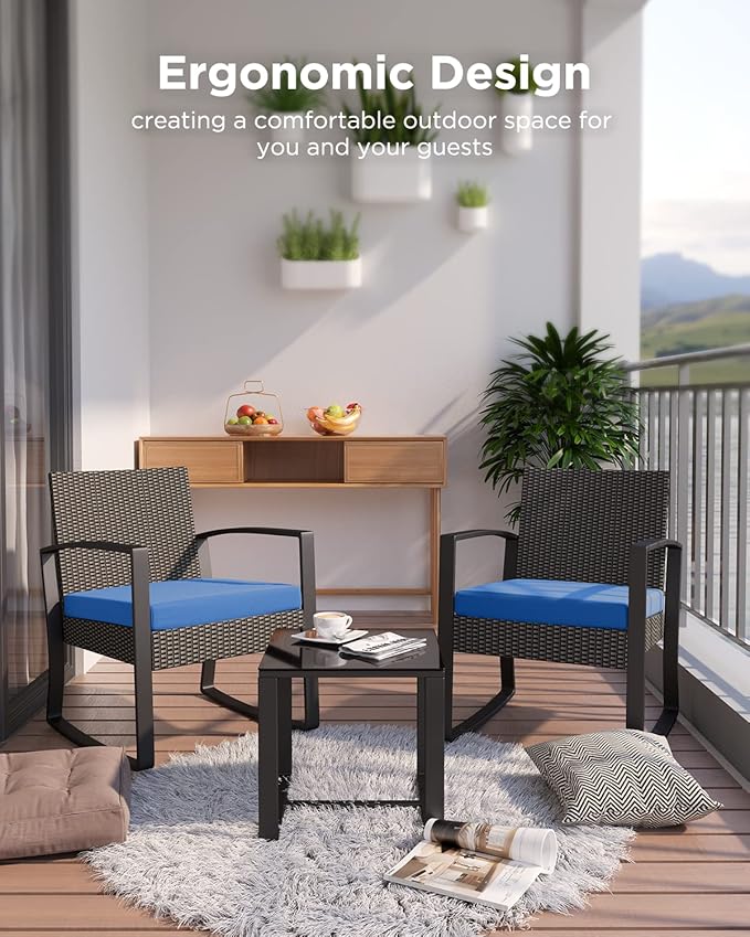 3 Piece Patio Bistro Set Patio Furniture Set Outdoor Wicker Rocking Furniture Conversation Set with Tempered Glass Coffee Table for for Front Porch Balcony and Deck (Blue Cushion) Qsun