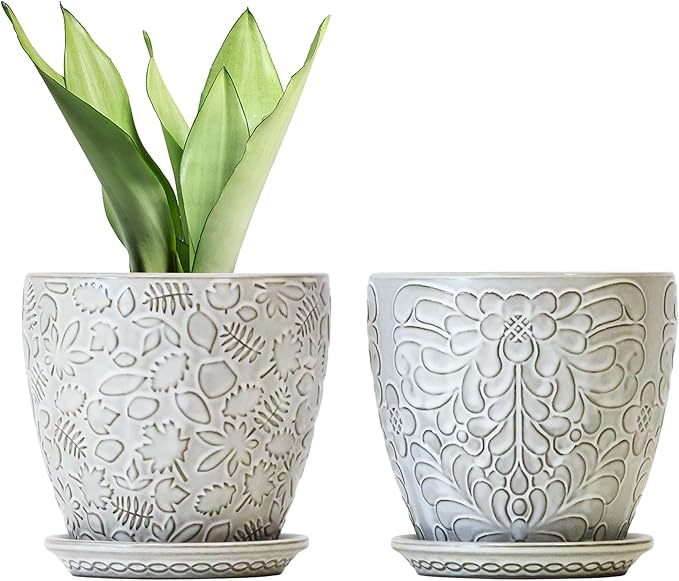 6 Inch Ceramic Planter Pots with Drainage Hole and Saucers for Indoor Plants, Garden Pots for Succulent, Orchid, and Flower - Set of 2 Bestseler
