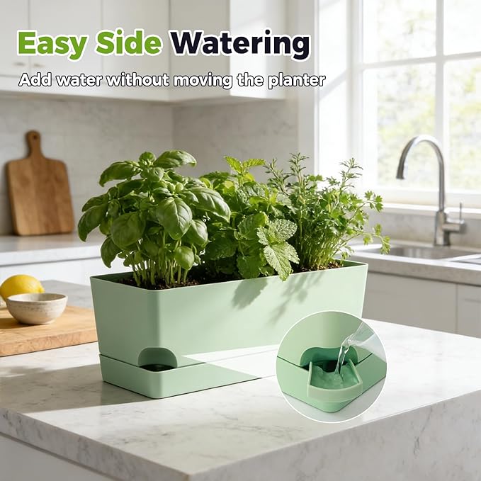 4 Pack Self Watering Pots for Indoor Plants 17 Inches Window Boxes Planters Rectangular Flower Pots Rectangle Herb Pots Large Plant Pots with Drainage Holes and Saucers Windowsill Planter, Green KvyusFlourish