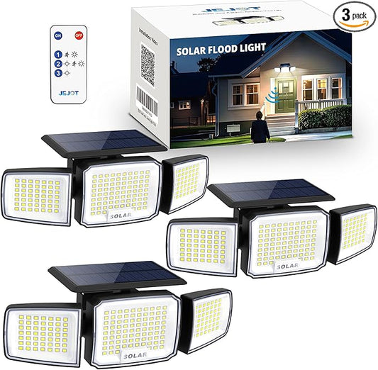 Solar Security Light Outdoor Super Bright LED, Motion Sensor Flood Light, 3 Heads 270° Wide Angle,Remote Control, IP65 Waterproof, 3 Modes (3 Packs) JEJOT