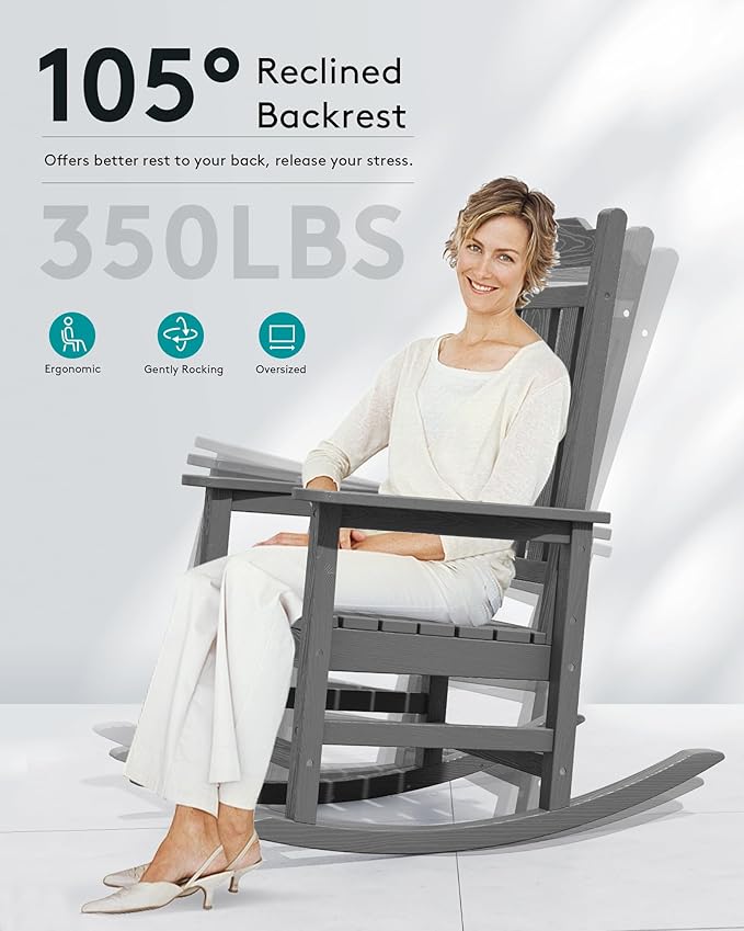 SERWALL Oversized Rocking Chair Outdoor, HDPE Outdoor Rocking Chair, Grey SERWALL