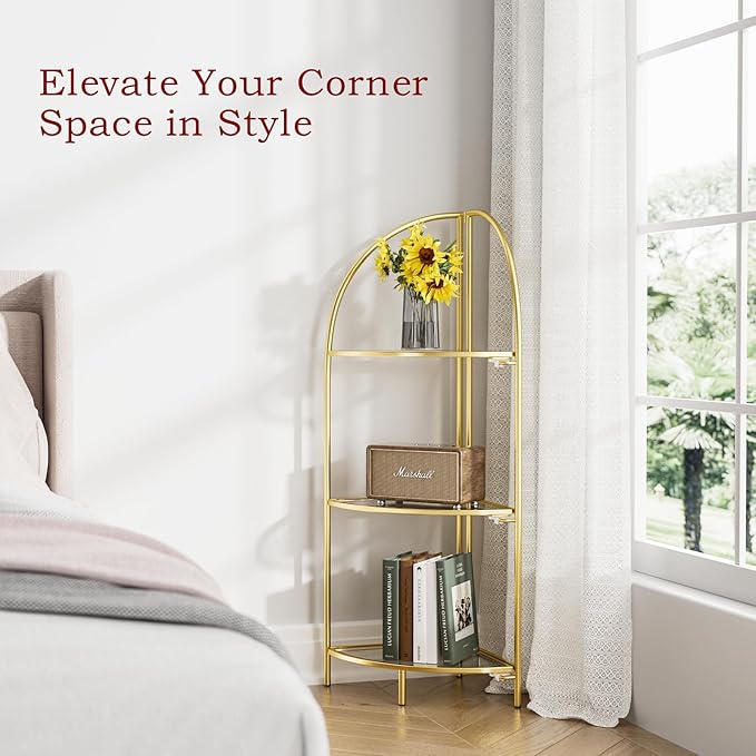 Crofy Foldable 3 Tier Corner Shelf, Metal Corner Plant Stand with Gold Frame and Transparent Shelves, Corner Display Rack Multipurpose Shelving Unit for Living Room, Bedroom, Bathroom CrofyLLC