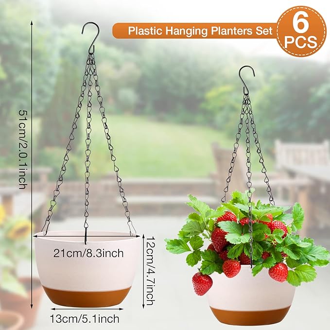 Mumufy 6 Pcs 8 Inch Hanging Planter for Indoor and Outdoor Plants Plastic Hanging Flower Pots with Drainage Hole and Removable Saucer Hanging Plant Holder Plant Hanging Basket (White) Mumufy