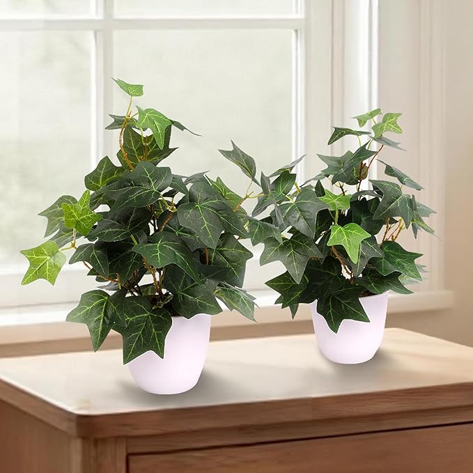 alyptus Fake English Ivy Plants in Pots Set of 2 – Realistic Artificial Ivy Greenery for Home Decor, Tabletop, Office, Shelf, Balcony or Bathroom - Green with White Pots ALYPTUS