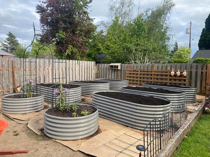 A ANLEOLIFE 4-Set 8X4X2 ft Galvanized Raised Garden Bed Kit, Oval Metal Deep Root Planters for Outdoor Plants, Quartz Grey AAnleolife