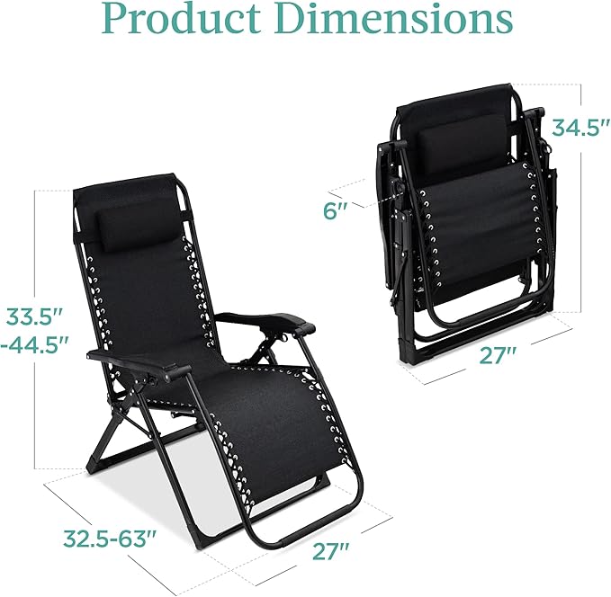 Best Choice Products Oversized Zero Gravity Chair, Folding Outdoor Patio Recliner, XL Anti Gravity Lounger w/Removable Cushion, Cup Holder, Side Tray, 350lb Capacity - Onyx Black BestChoiceProducts