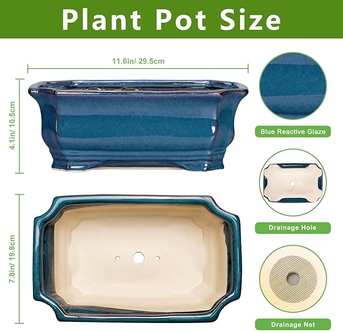 Bonsai Pots 11.6 Inch - Ceramic Succulent Pots with Drainage Hole, Rectangular Planter for Indoor Outdoor, Decorative Ceramic Flower Pot, Home Garden Room Decor, Plant Lover Gifts, Retro Blue Teagas