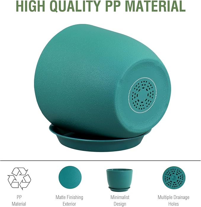 Plant Pots 12 inch, Plastic Planters with Drainage Holes and Saucers, Large Flower Pots for Indoor Outdoor Plants, Modern Decorative Pots for Garden House Plants, Blue Green Meowell