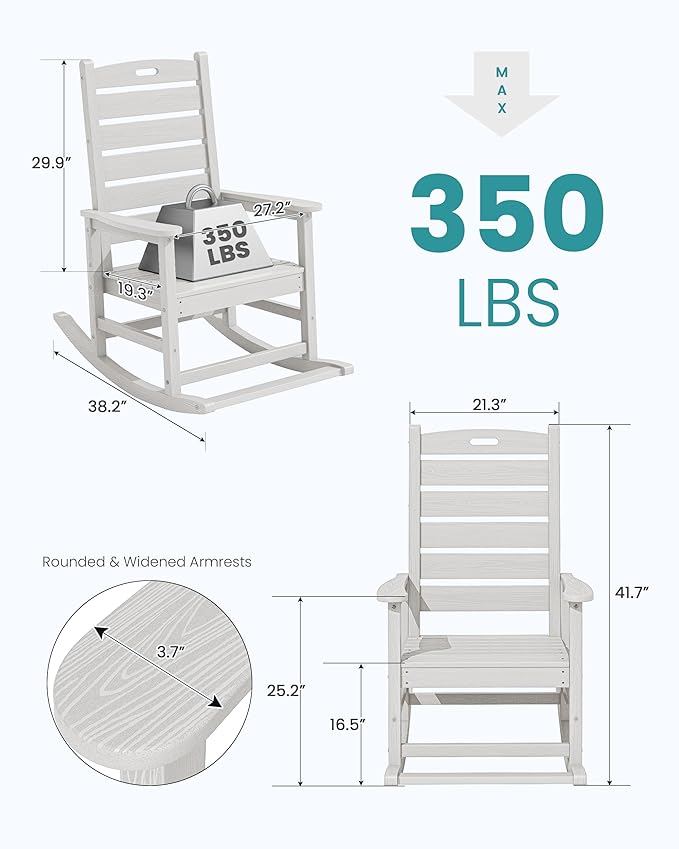SERWALL HDPE Outdoor Rocking Chair, Oversized Rocking Chair with Footboard, High Back Porch Rocker Chair with 350lbs Support, White SERWALL