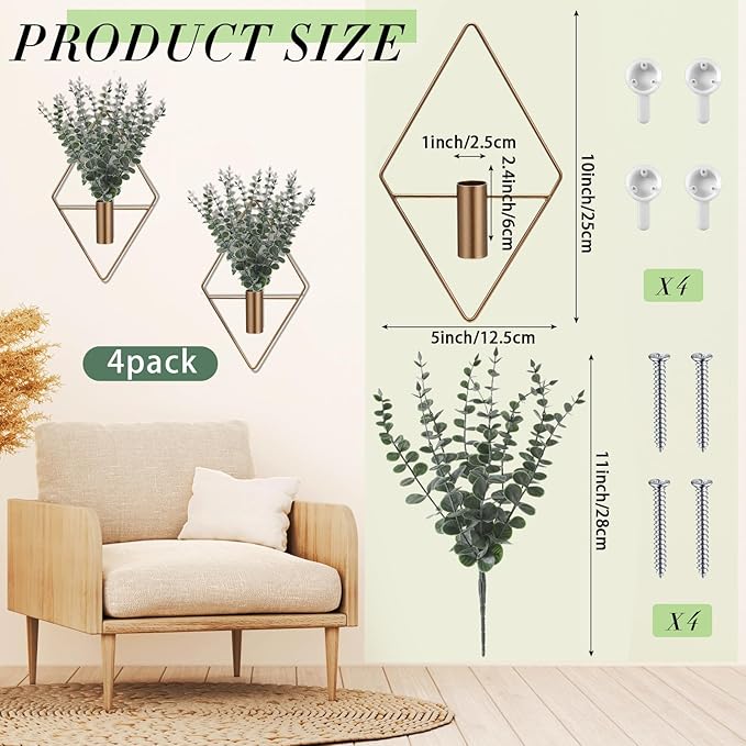 Jexine 8 Pcs Hanging Planters with Artificial Eucalyptus Metal Hanging Vase Indoor Plants Holder Modern Geometric Boho Bathroom Wall Decor for Living Room Home Office (Eucalyptus,Bronze) Jexine