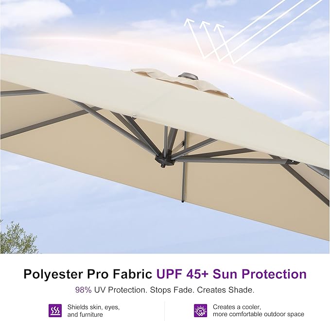 PURPLE LEAF 8 Feet Square Cantilever Umbrella Patio Umbrella with Base Outdoor Umbrella Aluminum with 360-degree Rotation for Garden Deck Pool Patio Beige PURPLELEAF