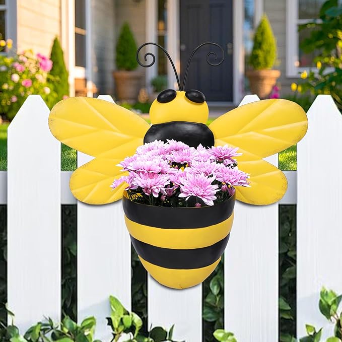 Metal Wall Planter Bee Wall Mounted Planters Small Flower Pot with Drainage for Indoor Outdoor Farmhouse Hanging Planter Succulent Plant Container Vertical Garden Yard Decor Chonsun