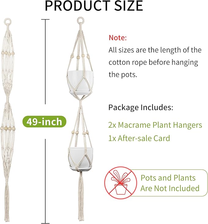 Macrame Plant Hanger - Fits 4 to 8 inches Pots for Indoor Outdoor, 49 Inch, Set of 2, Ivory (POTS NOT Included) IDEEEPAN