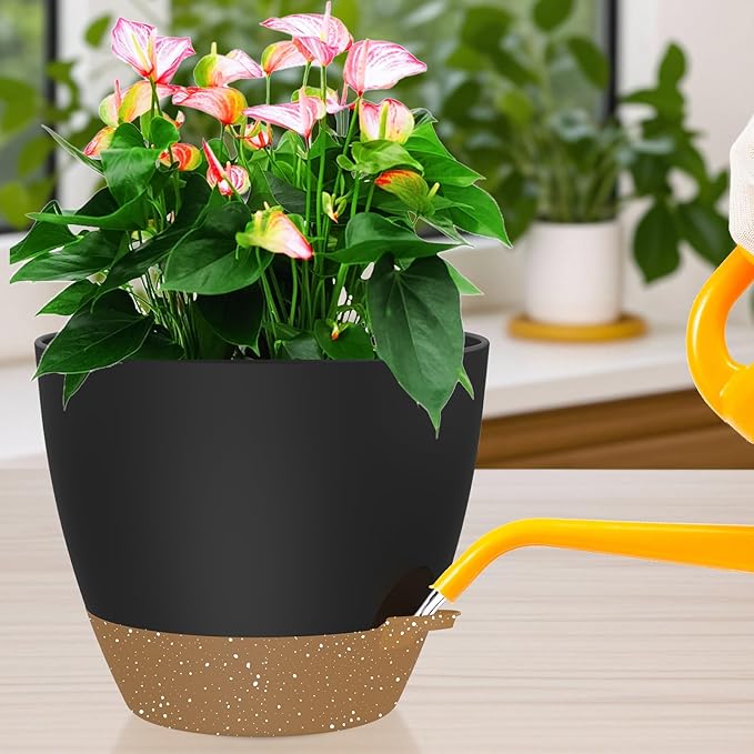 12 Inch Large Self Watering Pots, Flower Pots with Multi-Mesh Drainage Holes and Saucer, Planters for Indoor and Outdoor Garden Plants (Black with Brown) Rootora