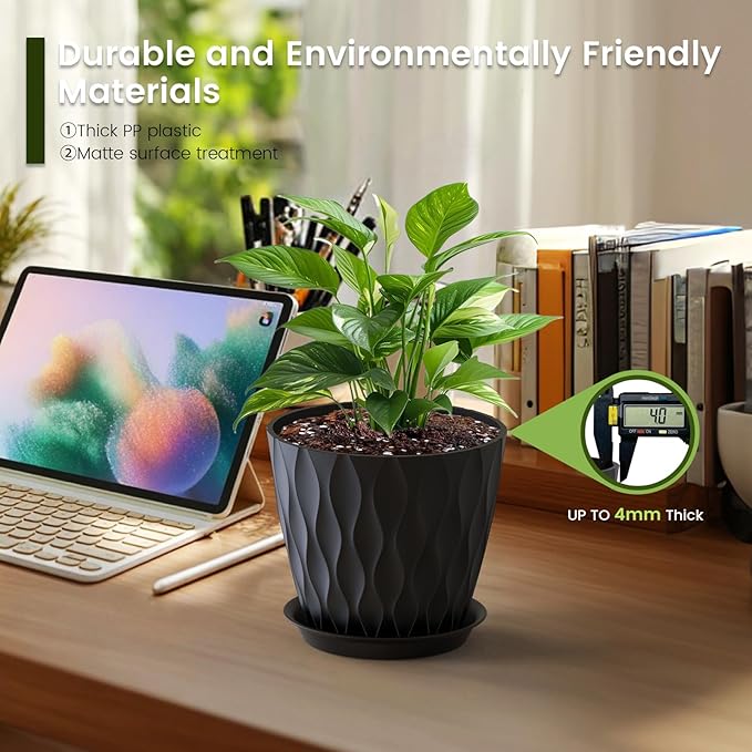 7 inch Plant Pots for Indoor Outdoor Plants, 5 Pack Thick Flower Pots with Drainage Holes and Saucers, 3D Modern Wave Texture Plastic Planter Pots for House Plants, Black Meowell