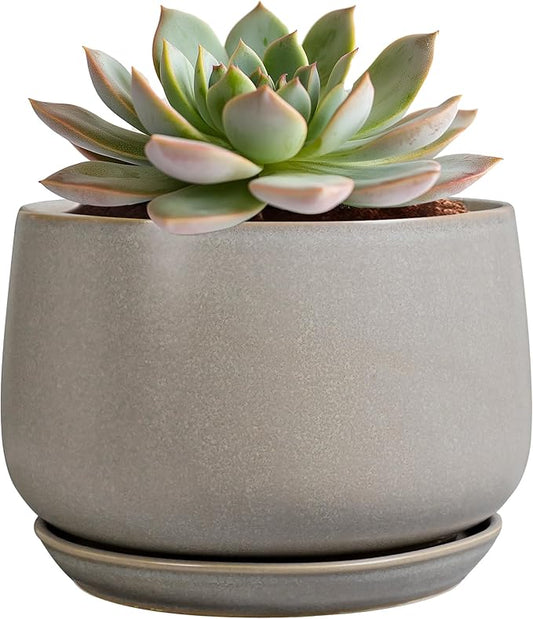 G EPGardening Ceramic Plant Pots - Round 6 Inch Modern Planter with Drainage and Plant Saucer Indoor Outdoor for Flower, Garden Decor, Gifts for Home, Retro Gray GEPGardening