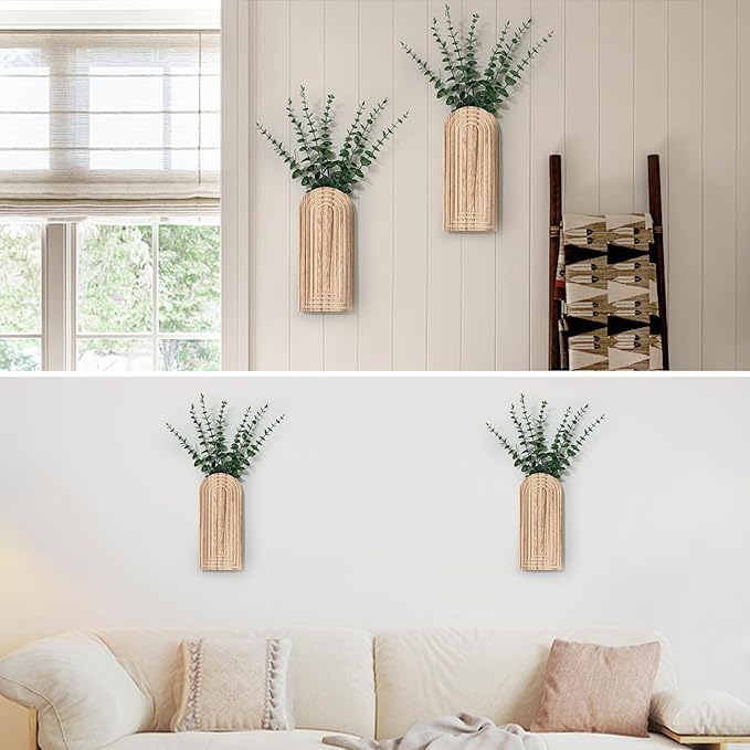 Wooden Wall Planter Vase Set of 2, Boho Hanging Planter for Indoor Plants & Flowers, Natural Wood Wall-Mounted Planters for Art Home Decor - Living Room, Bedroom, Bathroom, Patio (Natural Wood) Rootora