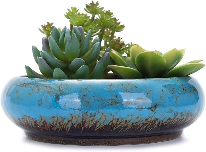 VanEnjoy 7.3 inch Round Large Shallow Succulent Ceramic Glazed Planter Pots with Drainage Hole, Bonsai Pots Garden Decorative Cactus Stand Flower Container (Blue) VanEnjoy