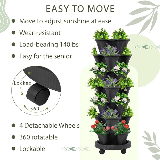 Umigy 2 Set of 7 Tier Vertical Planter Stackable Tower Planters Strawberry Herb Flower and Vegetable Pots Indoor Outdoor Gardening Pots with Removable Wheels and Tools(Black) Umigy