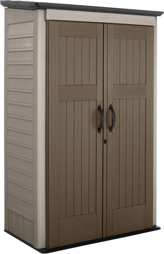 Rubbermaid Vertical Resin Outdoor Storage Shed With Floor (4 x 2.5 Ft) Weather Resistant Brown Organization for Home/Backyard/Garden Tools/Porch/Patio Cushions/Pool Chemicals/Toys Rubbermaid