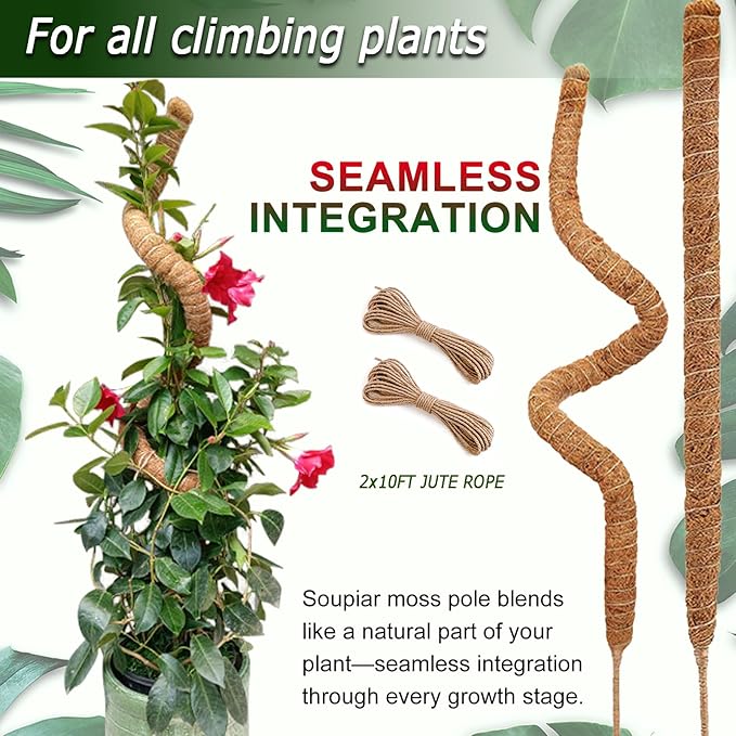 Soupiar 2 Pack 48'' Bendable Moss Pole for Monstera & Pothos - Tall Handmade Coco Coir Plant Support Stakes for Large Climbing Indoor Plants, Potted Houseplant Trellis Accessories Soupiar