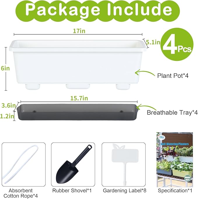 Window Box Planter 4 Packs, 17 Inches Rectangle Flower Pots with Drainage Holes & Trays, Pots for Vegetables, Herbs, Flowers, Garden Windowsill Balcony (White, 17 * 5.1 * 6 inch) Oliz