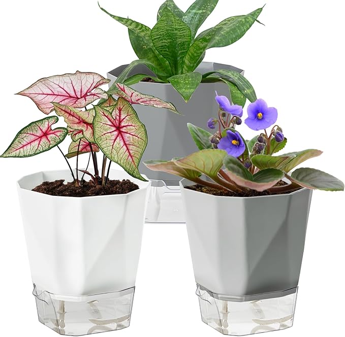 3 Pack Self Watering Planter Pots, 4.9 Inch African Violet Pots for Indoor Outdoor Windowsill Gardens, Plant Pot with Wick Rope and Reservoir Samhe