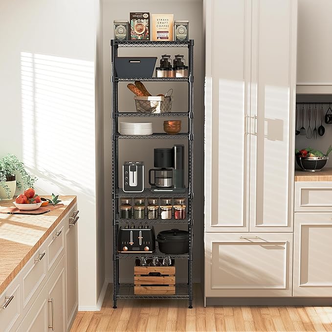 8 Tier 2000 lbs Storage Rack Metal Wire Shelving Unit, Storage Standing Shelf Organizer for Laundry Bathroom Kitchen Pantry Closet Garage Basement Utility Room, Black 13.8" D x 23.6" W x 79.5" H MEIGAOPLASTICANDMETALHKCOLIMITED