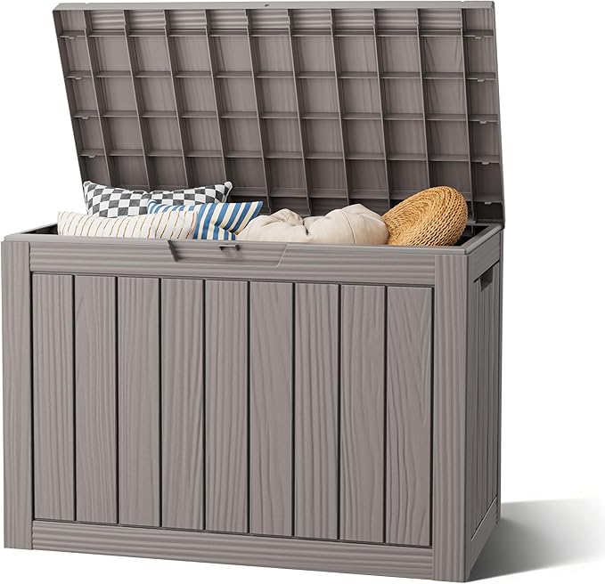 Outdoor Storage Box, Resin Deck Boxes Indoor and outdoor, Waterproof Storage Box Lockable Lid (Grey, 50 Gallon) NBYSGO