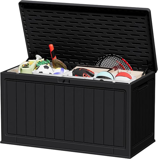 JUMMICO 160 Gallon Resin Outdoor Storage Deck Box with Divider, Waterproof Storage Box&Bench with Lockable Lid for Garden Tools, Pools Supplies (Black) JUMMICO