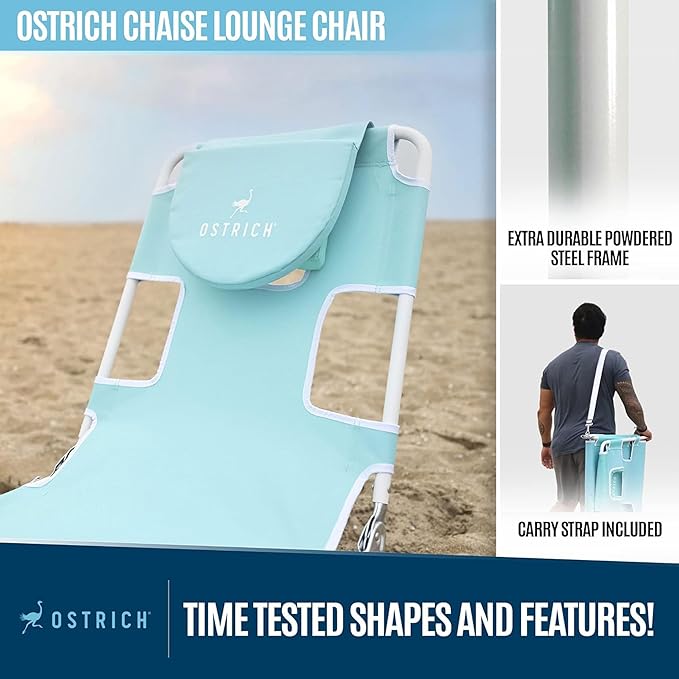 Ostrich 72 by 22 Inch Versatile Chaise Lounge Portable Reclining Lounger, Outdoor Patio, Beach, Lawn, Camping, or Pool Tanning Chair, Aqua OstrichProducts