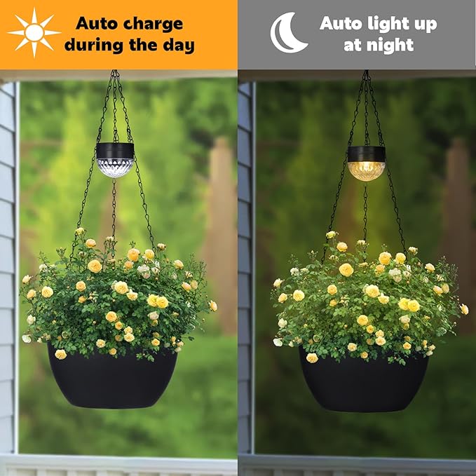 SUNNYPARK 2 Packs Hanging Planters Basket for Outdoor Plants, Solar Powered Self Watering Black Round Plastic Flower Pots with Drainer for Balcony Patio Garden Outdoor Decoration SUNNYPARK