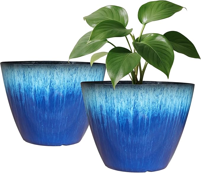 Pack of 2 Flower Pots, Plastic Plant Pots with Drainage Holes, 8 inch Modern Glossy Finishing Planter for Indoor Outdoor Plants (Blue Glaze, 2 Pack) LesOasis